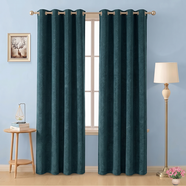 Navy blue colour textured velvet flock geometric pattern readymade curtain