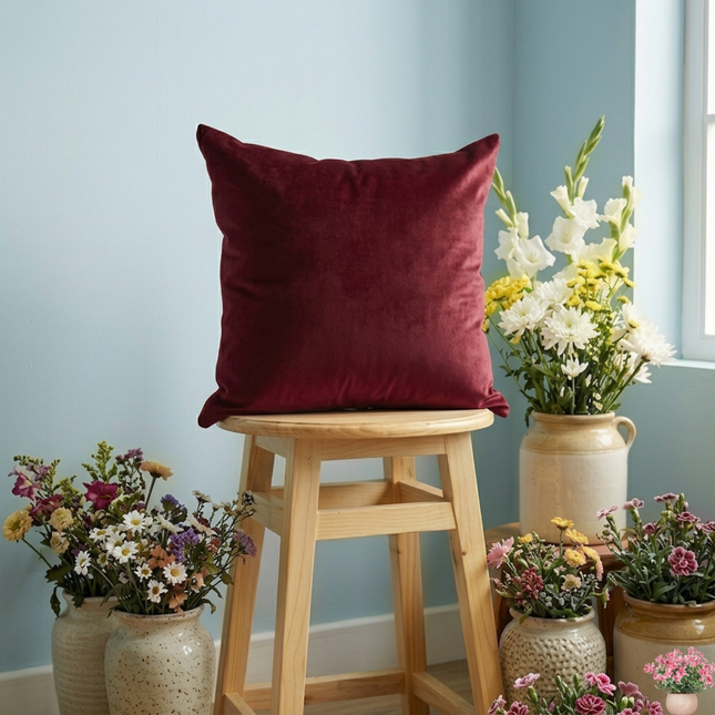 Maroon Colour Textured Velvet Flock Readymade cushion cover
