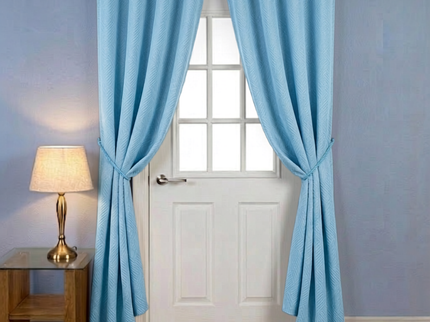 Sky blue colour textured velvet flock geometric pattern  readymade curtain