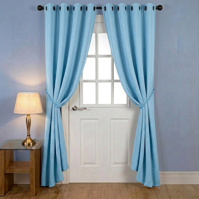 Sky blue colour textured velvet flock geometric pattern  readymade curtain