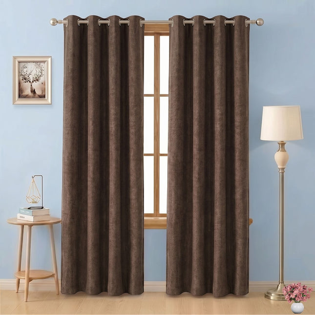 Medium Brown Colour Textured Velvet Flock Readymade Curtain