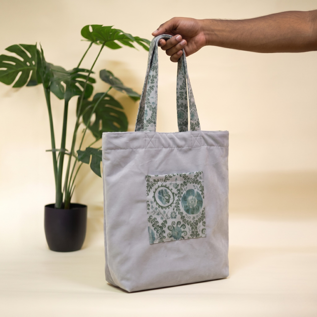Unisex Grey Velvet Flock Fabric Tote Bag with Front Pocket