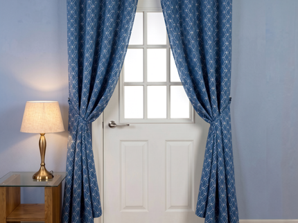 Royal blue colour geometric pattern velvet flock readymade curtain (Dual side)