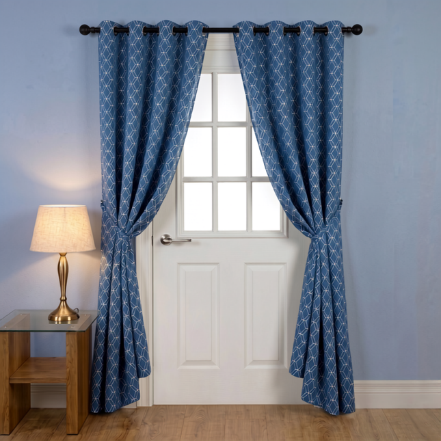 Royal blue colour geometric pattern velvet flock readymade curtain (Dual side)