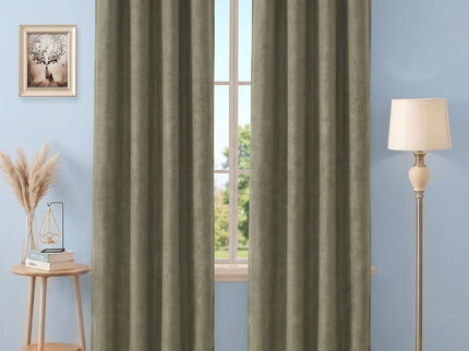 Olive Light Brown Colour Plain Velvet Flock Easy Clean Readymade Curtain