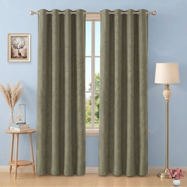 Olive Light Brown Colour Plain Velvet Flock Easy Clean Readymade Curtain