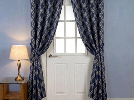 Navy blue colour geometric pattern velvet flock readymade curtain (Dual side)