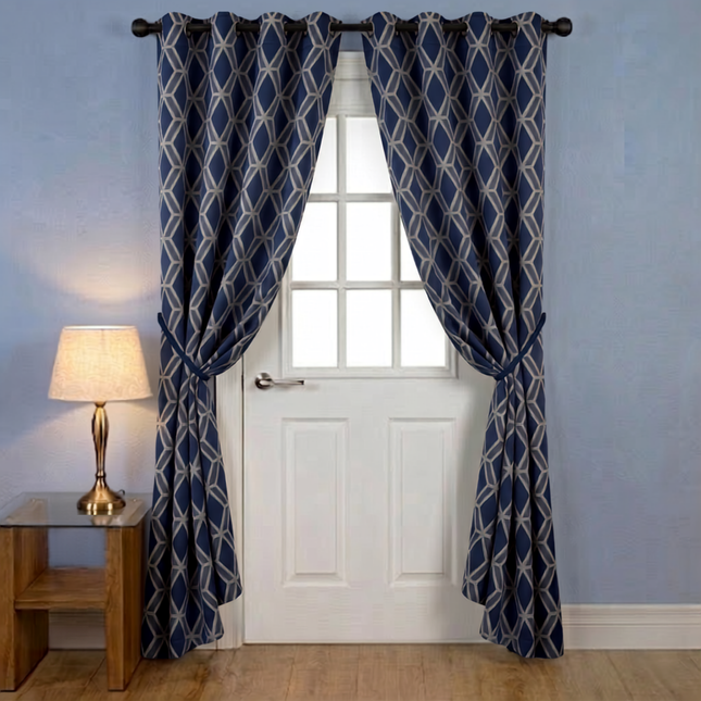 Navy blue colour geometric pattern velvet flock readymade curtain (Dual side)