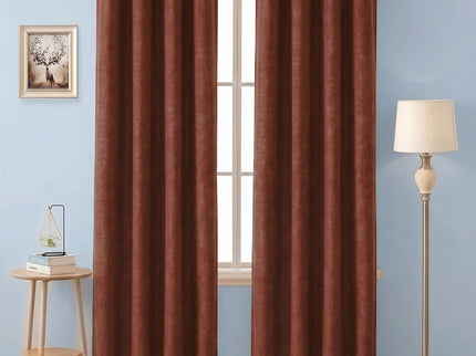 Cinnamon Brown Colour Plain Velvet Flock Easy Clean Readymade Curtain