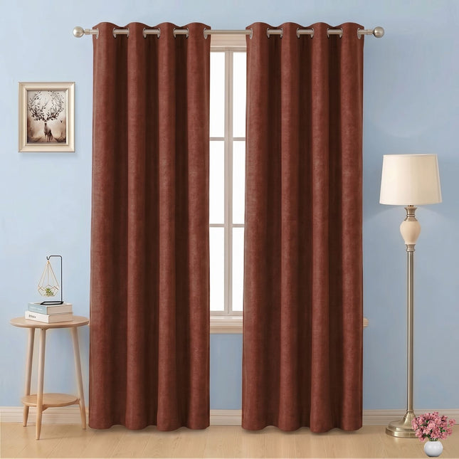 Cinnamon Brown Colour Plain Velvet Flock Easy Clean Readymade Curtain
