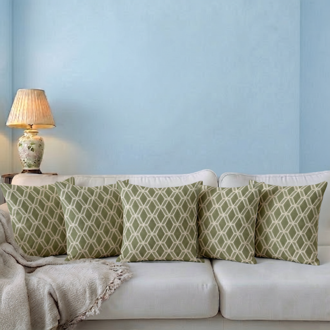 Olive green colour geometric pattern velvet flock readymade cushion cover