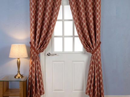 Rust red colour geometric pattern velvet flock readymade curtain (Dual side)