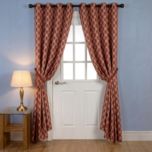 Rust red colour geometric pattern velvet flock readymade curtain (Dual side)