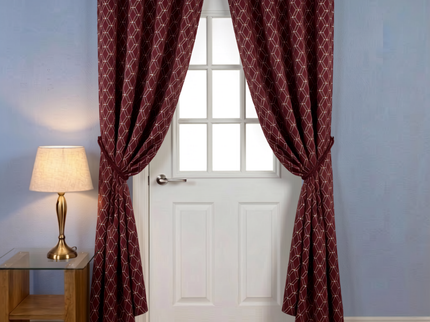 Wine colour geometric pattern velvet flock readymade curtain (Dual side)