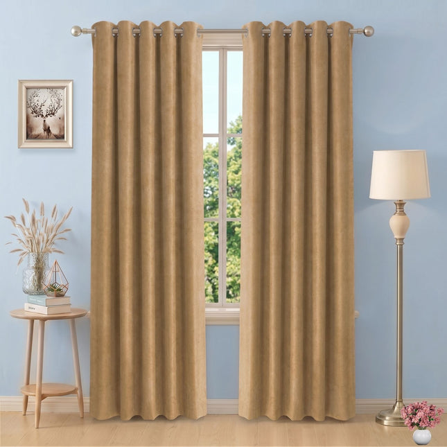 Peanut Brown Colour Plain Velvet Flock Easy Clean Readymade Curtain