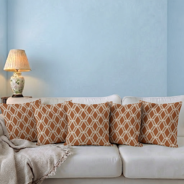 Rust colour geometric pattern velvet flock readymade cushion cover