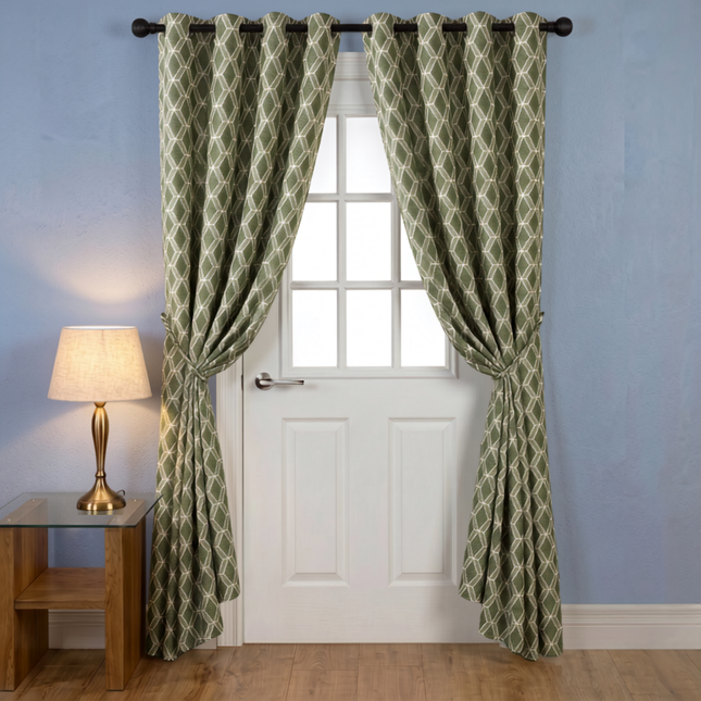 Olive green colour geometric pattern velvet flock readymade curtain (Dual side)