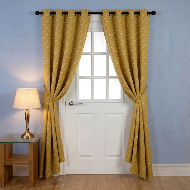 Mustard green colour geometric pattern velvet flock readymade curtain (Dual side)