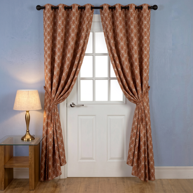 Rust colour geometric pattern velvet flock readymade curtain (Dual side)