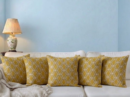 Mustard green colour geometric pattern velvet flock readymade cushion cover