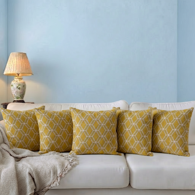 Mustard green colour geometric pattern velvet flock readymade cushion cover