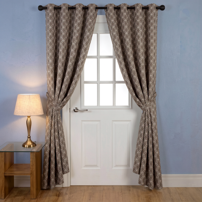 Dark brown colour geometric pattern velvet flock readymade curtain (Dual side)