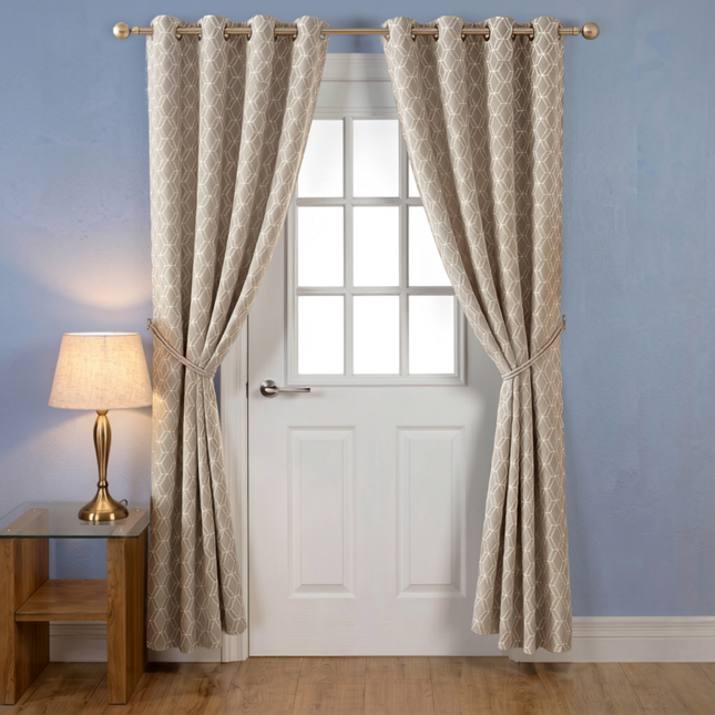 Taupe colour geometric pattern velvet flock readymade curtain (Dual side)
