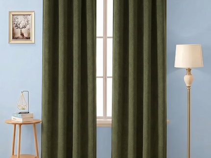 Dark olive green colour textured velvet flock geometric pattern readymade curtain