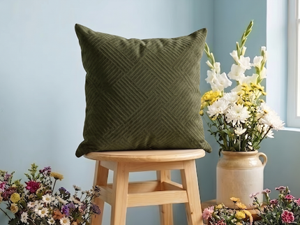 Dark olive green colour textured velvet flock geometric pattern readymade cushion cover