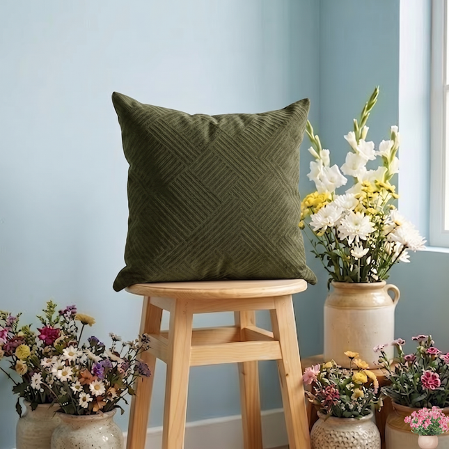 Dark olive green colour textured velvet flock geometric pattern readymade cushion cover