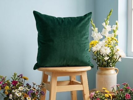 Medium Green Colour Textured Velvet Flock readymade cushion cover