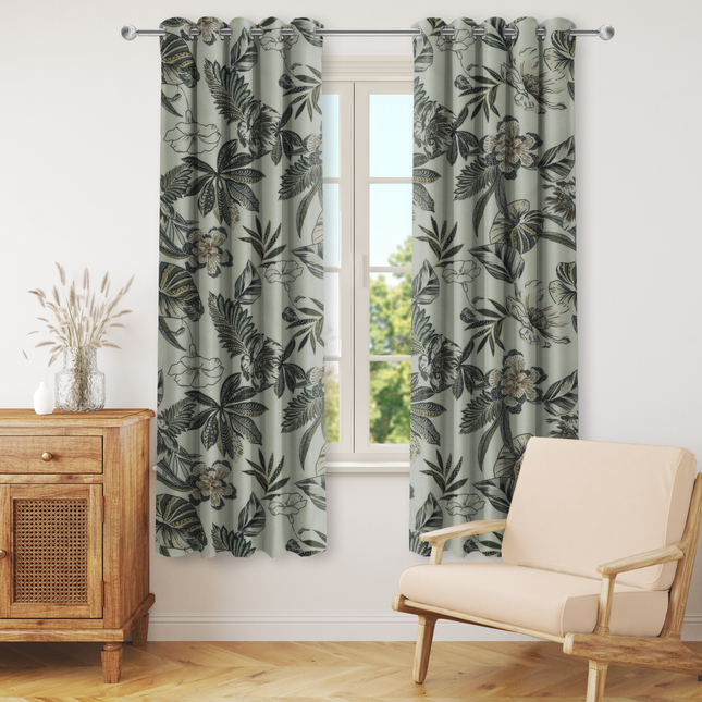 Olive Green and Warm Beige Colour Floral and Leaves Pattern Velvet Readymade Curtain
