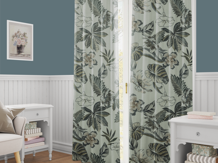 Olive Green and Warm Beige Colour Floral and Leaves Pattern Velvet Readymade Curtain