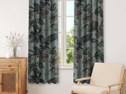Dusty Rose and Forest Green Colour Floral and Leaves Printed Velvet Readymade Curtain