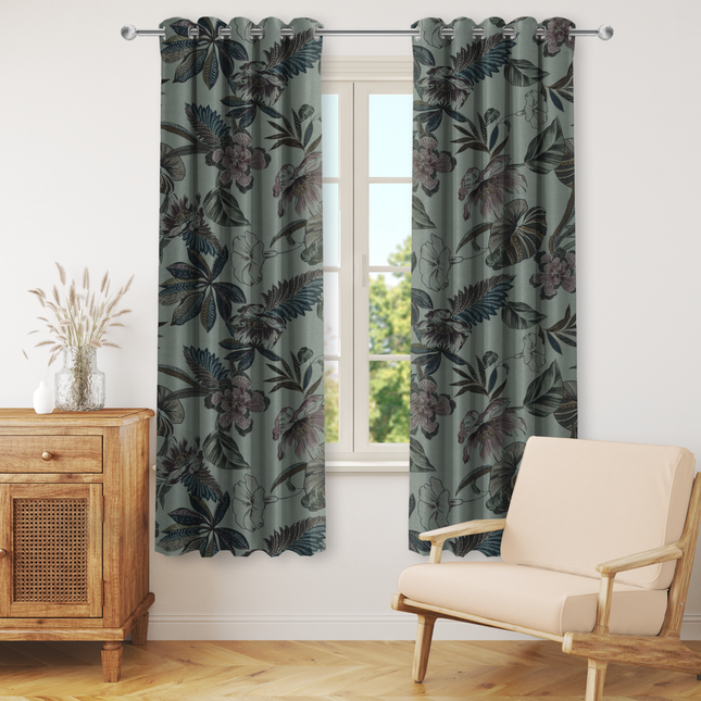 Dusty Rose and Forest Green Colour Floral and Leaves Printed Velvet Readymade Curtain