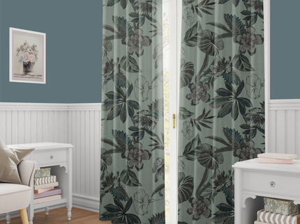 Dusty Rose and Forest Green Colour Floral and Leaves Printed Velvet Readymade Curtain
