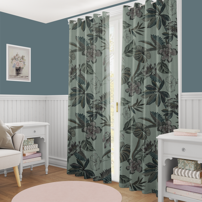 Dusty Rose and Forest Green Colour Floral and Leaves Printed Velvet Readymade Curtain