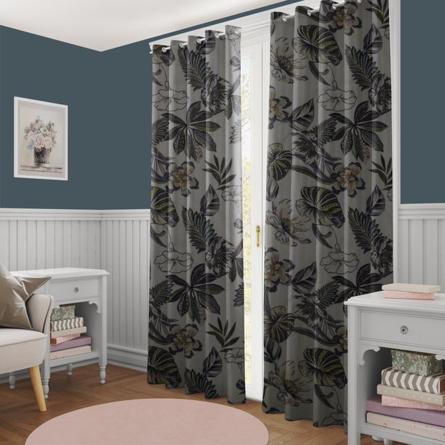 Olive Green and Mocha Brown Colour Floral and Leaves Pattern Velvet Readymade Curtain