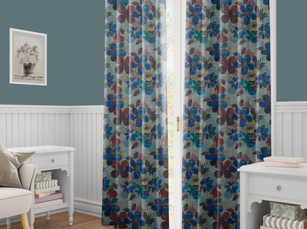 Brown and Blue Colour Floral and Leaves Pattern Velvet Easy Clean Readymade Curtain