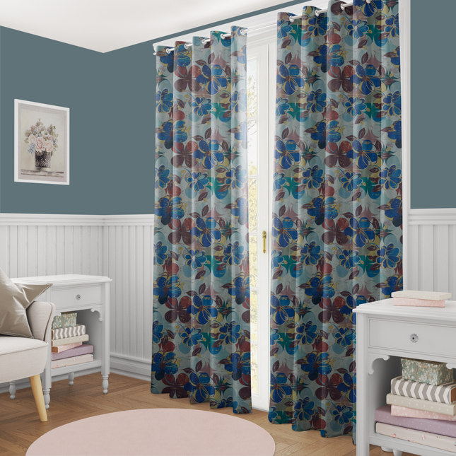 Brown and Blue Colour Floral and Leaves Pattern Velvet Easy Clean Readymade Curtain