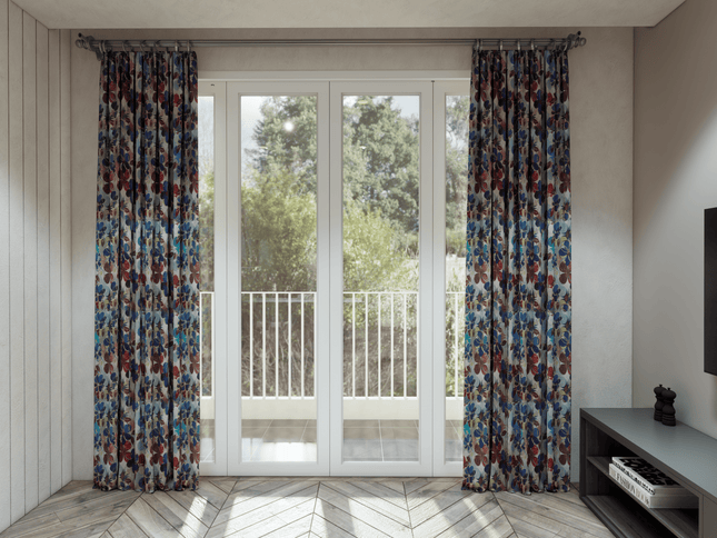 Brown and Blue Colour Floral and Leaves Pattern Velvet Curtain Fabric printed