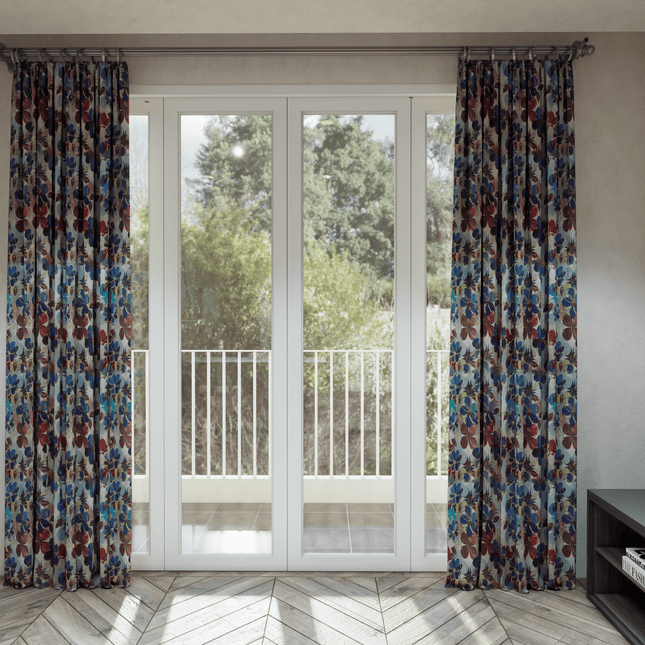 Brown and Blue Colour Floral and Leaves Pattern Velvet Curtain Fabric printed
