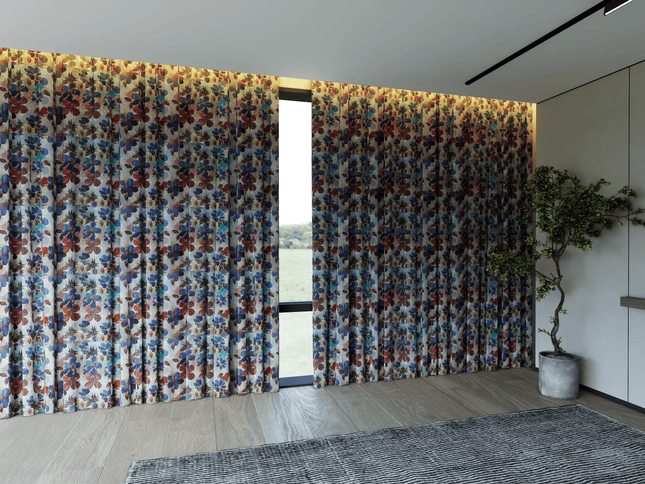 Brown and Blue Colour Floral and Leaves Pattern Velvet Curtain Fabric printed