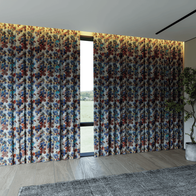 Brown and Blue Colour Floral and Leaves Pattern Velvet Curtain Fabric printed