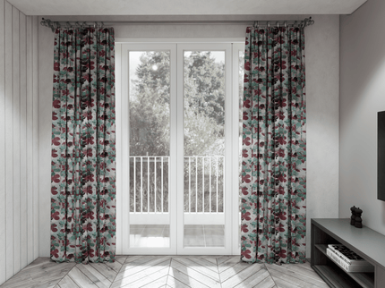 Maroon and Green Colour Floral and Leaves Pattern Velvet Curtain Fabric printed