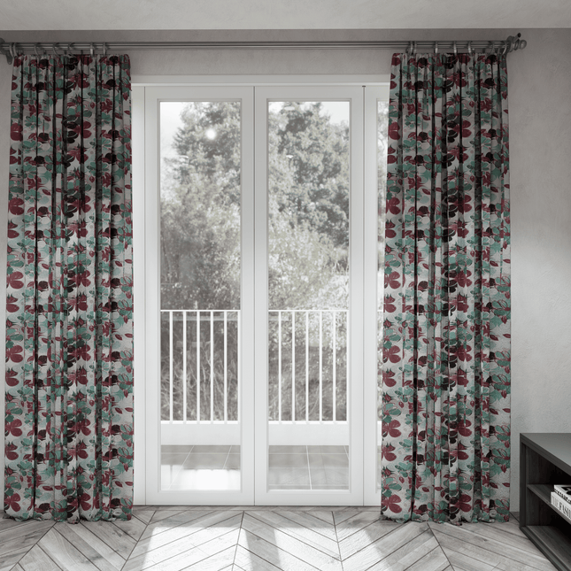 Maroon and Green Colour Floral and Leaves Pattern Velvet Curtain Fabric printed