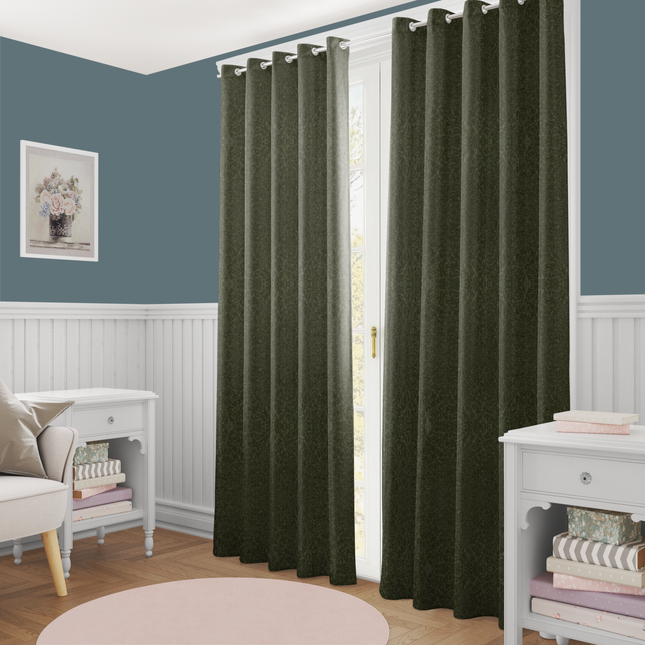 Olive Green Colour Textured Velvet Flock Readymade Curtain