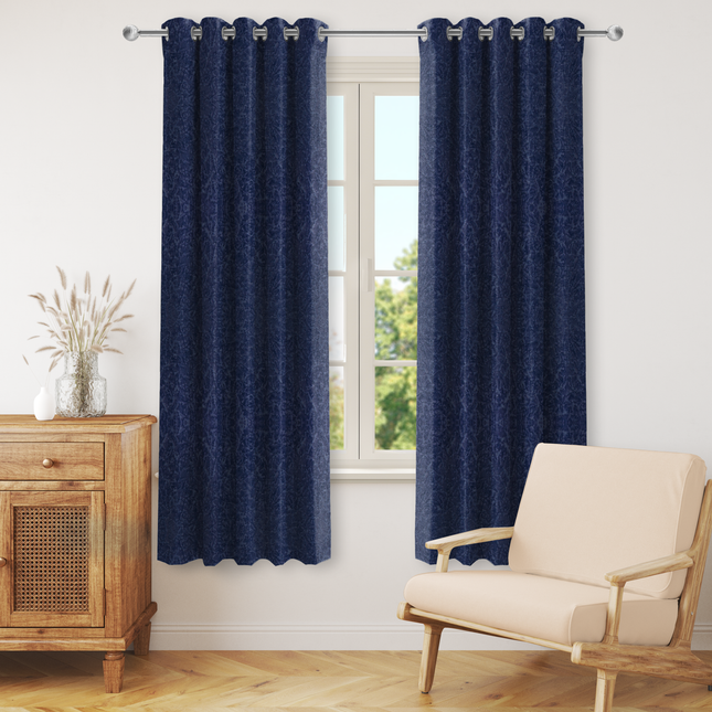 Dark Blue Colour Textured Velvet Flock Readymade Curtain