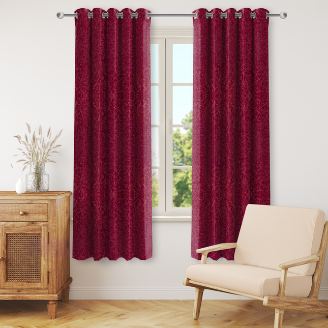 Wine Colour Textured Velvet Flock Readymade Curtain