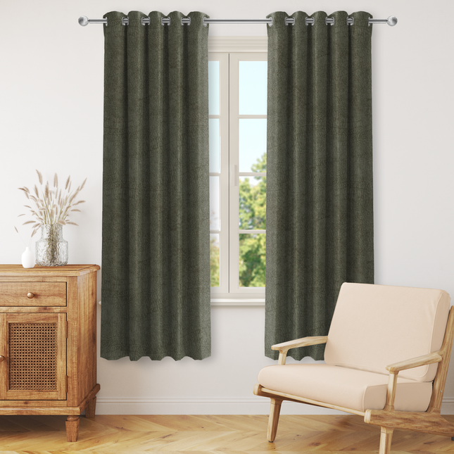 Olive Green Colour Textured Velvet Flock Readymade Curtain